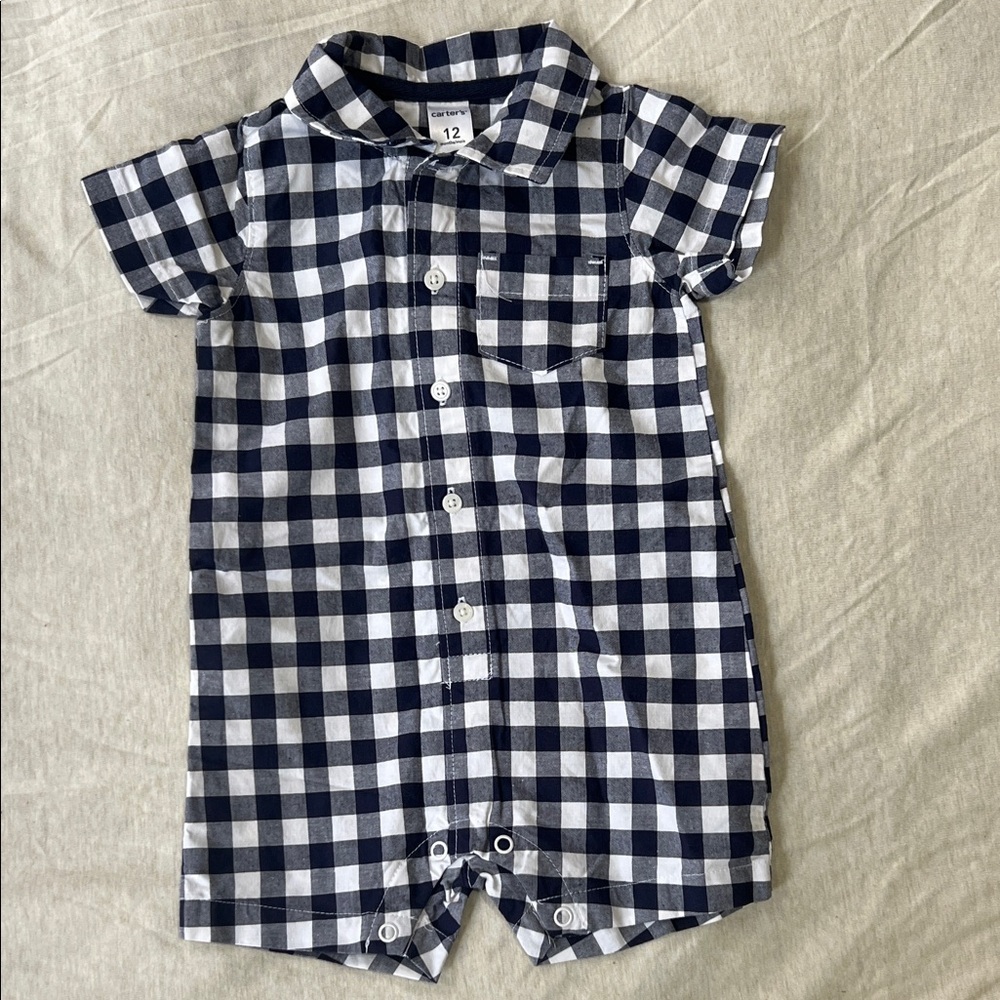 Carter’s Baby 12M Gingham Romper Blue White Button Front One Piece Outfit